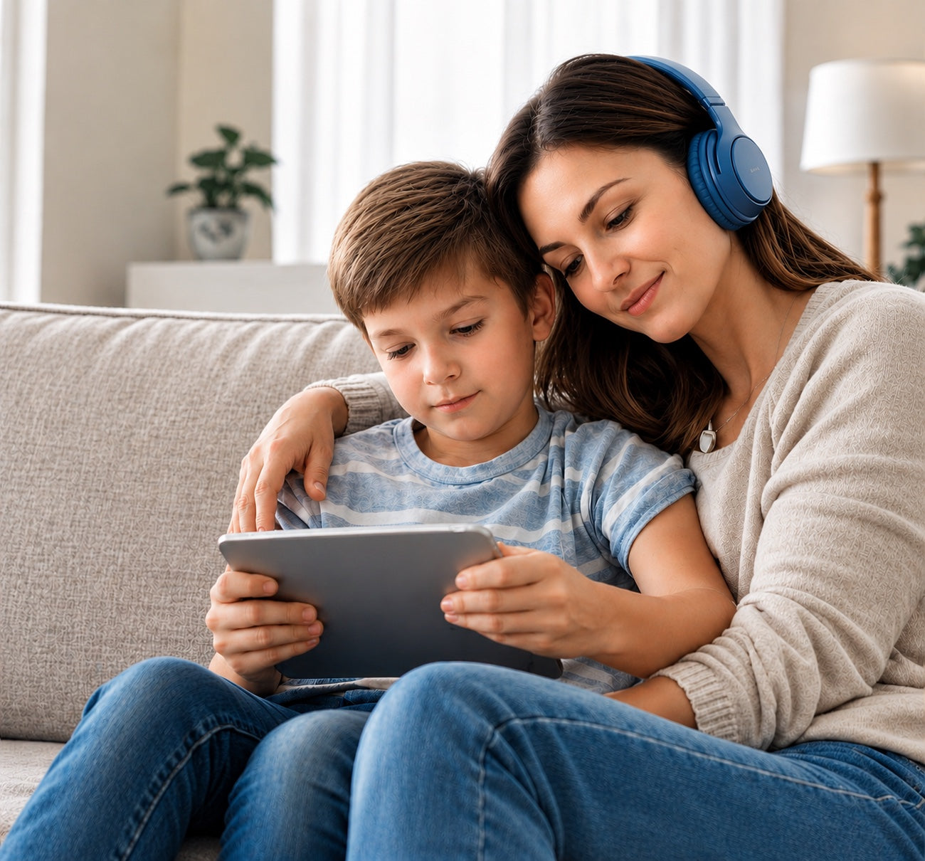 Mother and son with tablet, sharing headphones